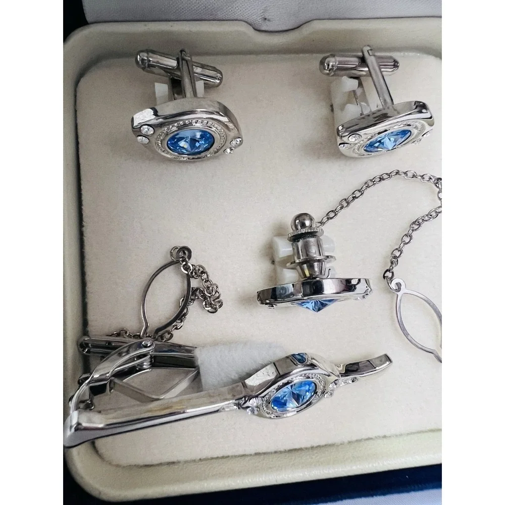 Vintage Fratello Cufflinks & Tie Bar Set Silver Tone Blue Accent Classic Elegant